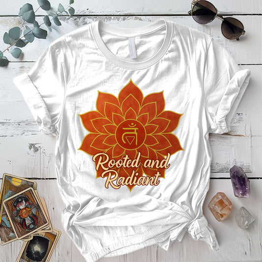 Rooted and Radiant Root Chakra T-Shirt Mockup white