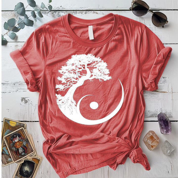 Sacred Grove of Stillness T-Shirt Mockup Coral Silk