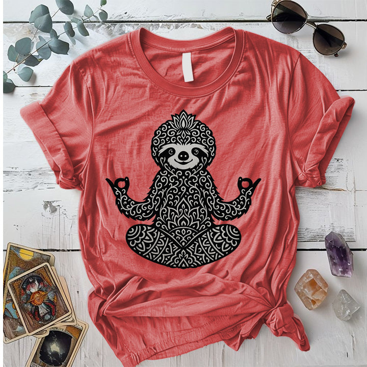 Sacred Sloth Meditation T-Shirt Mockup Coral Silk
