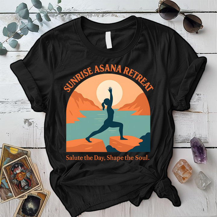 Sunrise Asana Retreat T-Shirt Mockup Black