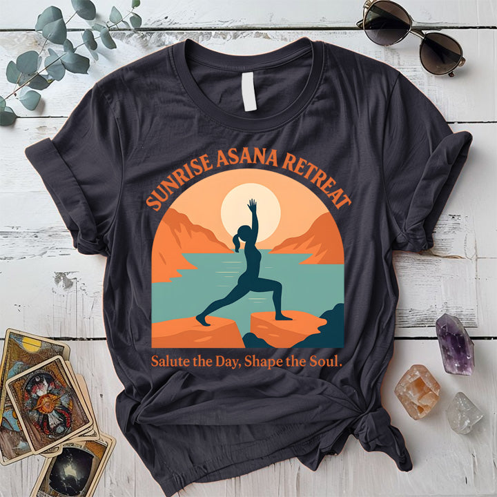Sunrise Asana Retreat T-Shirt Mockup Dark Heather Grey
