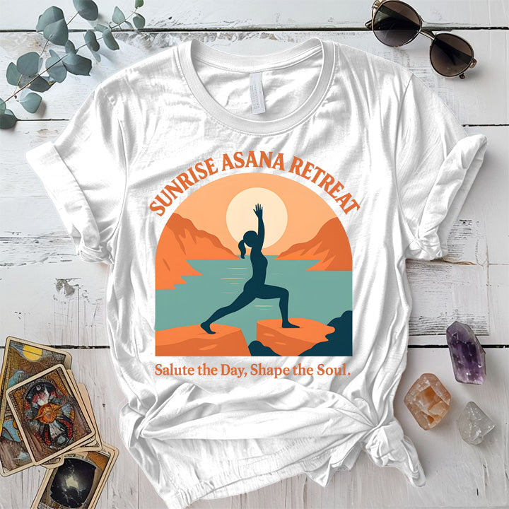 Sunrise Asana Retreat T-Shirt Mockup White