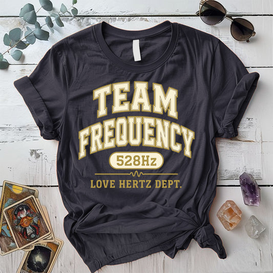 Team Frequency 528Hz T-Shirt Mockup Dark Heather Grey