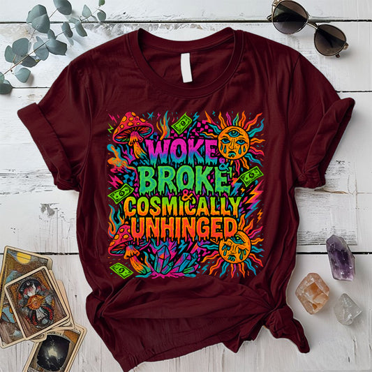 Woke Broke and Unhinged T-Shirt Mockup Maroon