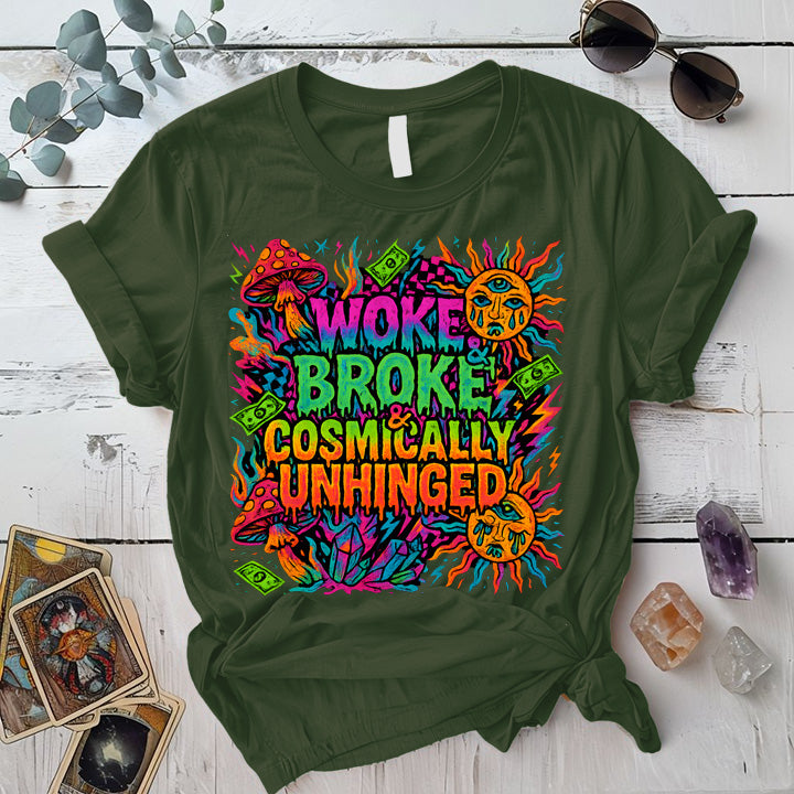 Woke Broke and Unhinged T-Shirt Mockup Military Green