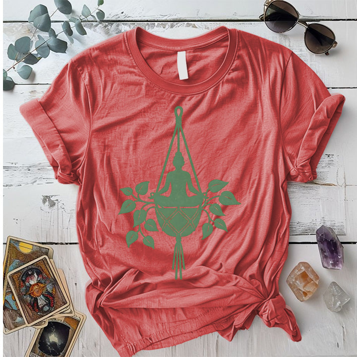 Yoga Hanging Plant T-Shirt Mockup Coral Silk