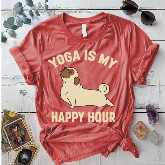 Yoga Is My Happy Hour Dog T-Shirt Mockup Coral Silk