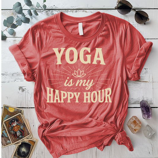 Yoga Is My Happy Hour Lotus T-Shirt Mockup Coral Silk