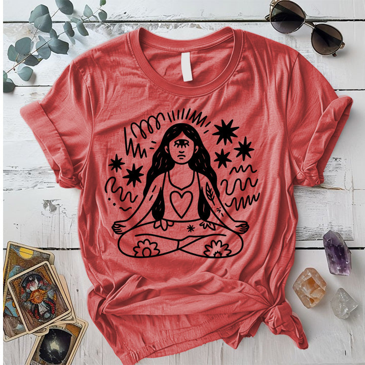 Yoga Meditation Silhouette Light T-Shirt Mockup Coral Silk