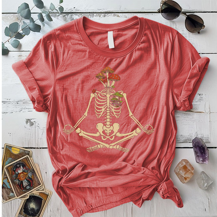 Yoga Mushroom Skeleton T-Shirt Mockup Coral Silk
