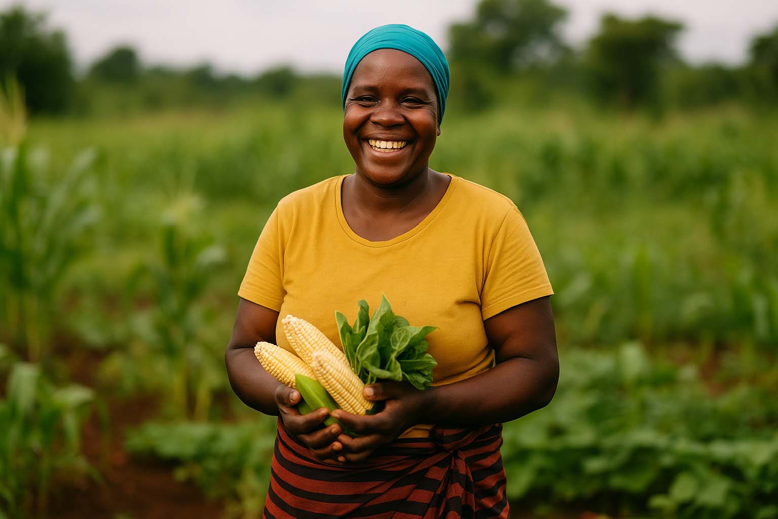 Smiling African woman farmer holding fresh produce in a green field, representing One Acre Fund impact through sustainable agriculture.