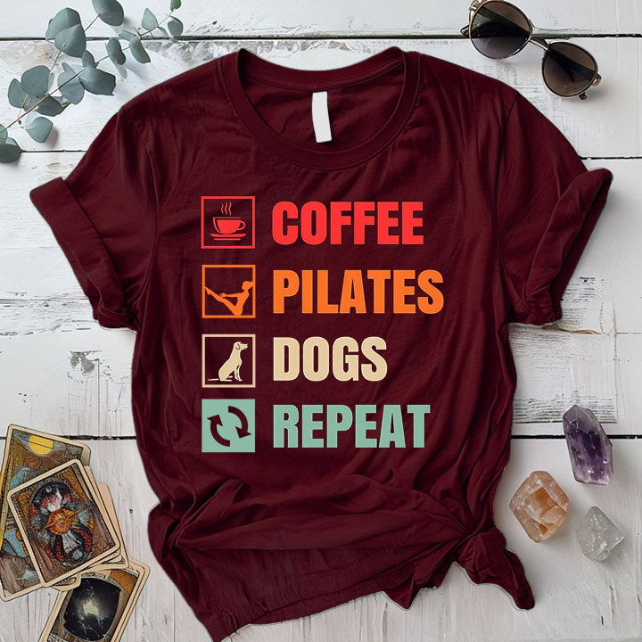 Coffee Pilates Dogs T Shirt Maroon Mockup