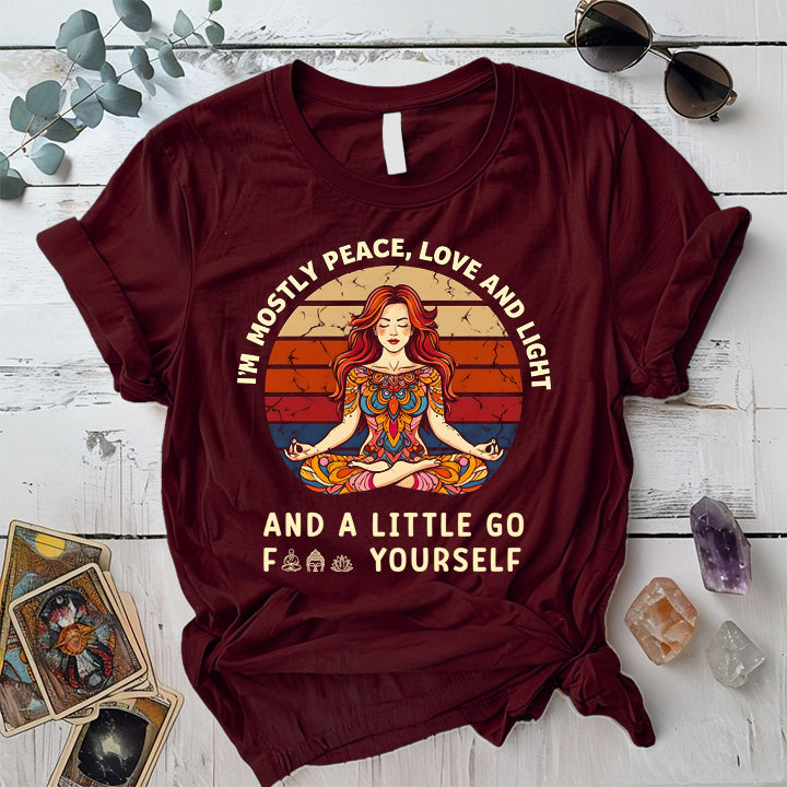 Im Mostly Peace Love Light T Shirt Maroon Mockup