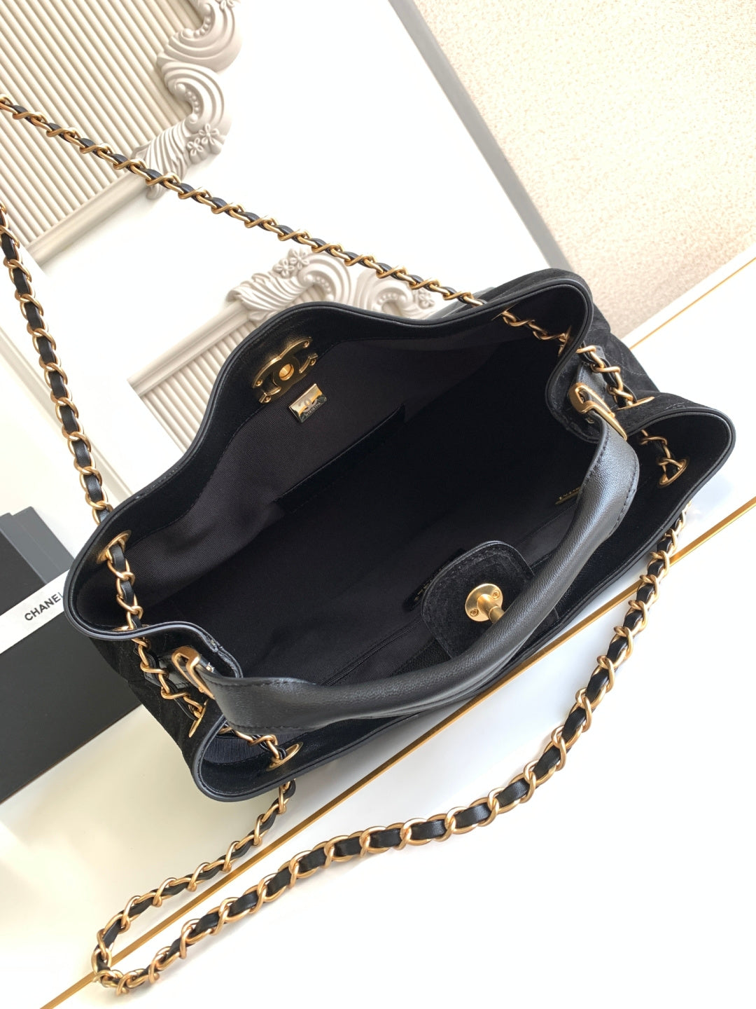 Chanel 2026 Stitched Shopping Bag 36cm Black Suede Calfskin 348237