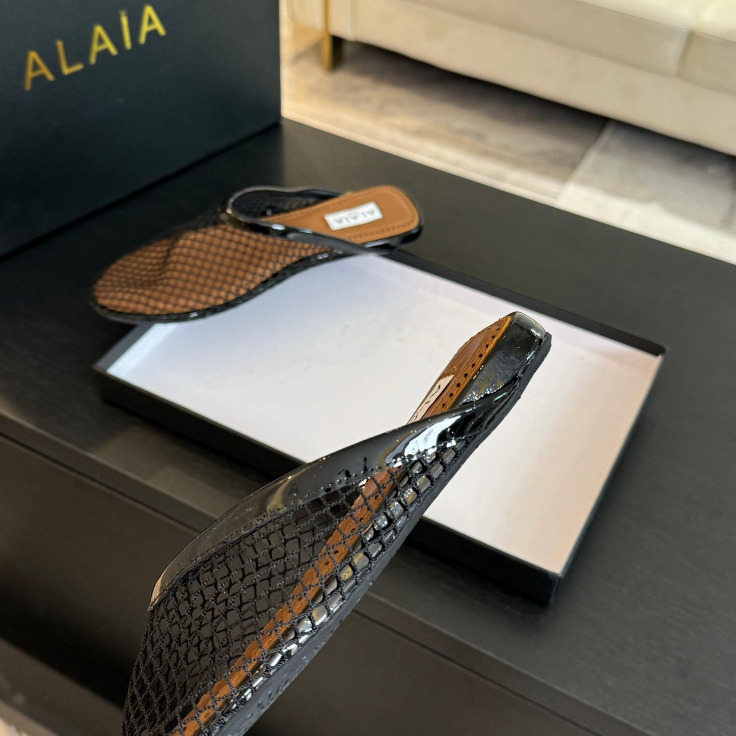 flat mule fishnet black lambskin