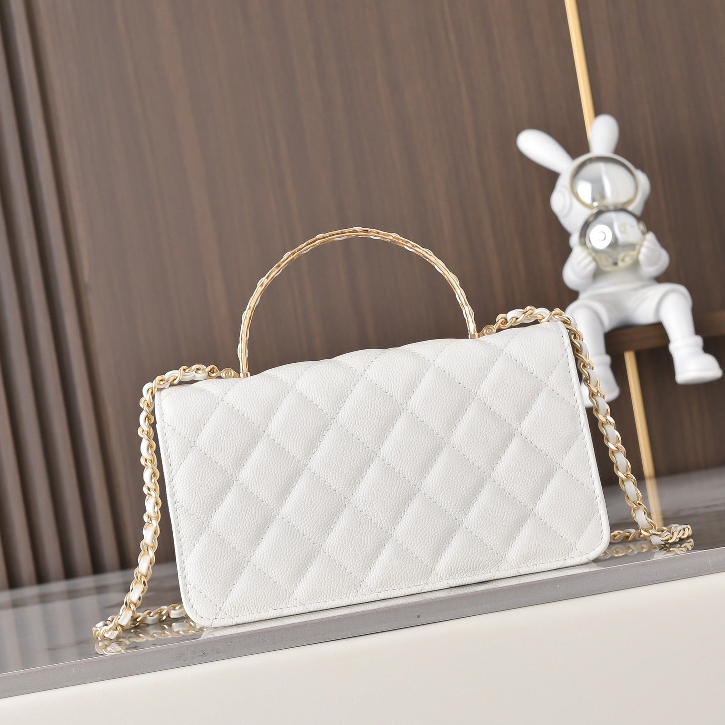 Chanel 2026 Gold Handle Bag 18.5cm Black and White Calfskin