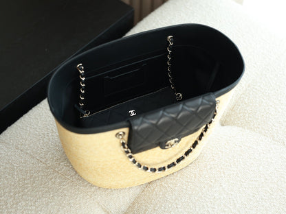 Chanel 2026 Shopping Bag 53cm Beige Black Straw Lambskin 351018