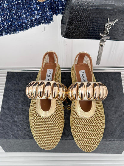 Alaia 25 Mary Jane Mesh Ballet Flats Gold Calfskin 293249