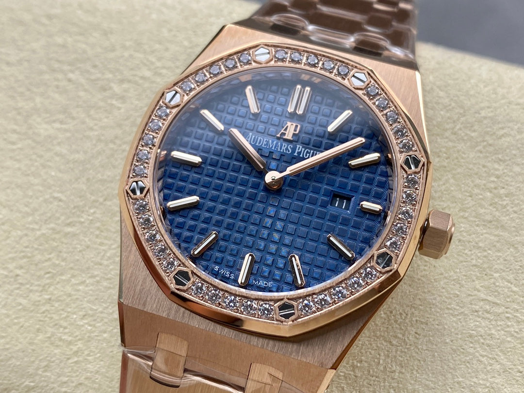 Audemars Piguet Royal Oak Lady 33mm Rose Gold Blue Dial Diamond Bezel