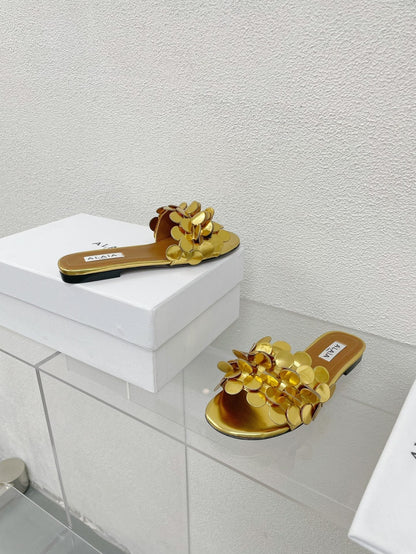 alaia sandal mule flower gold metalic lambskin