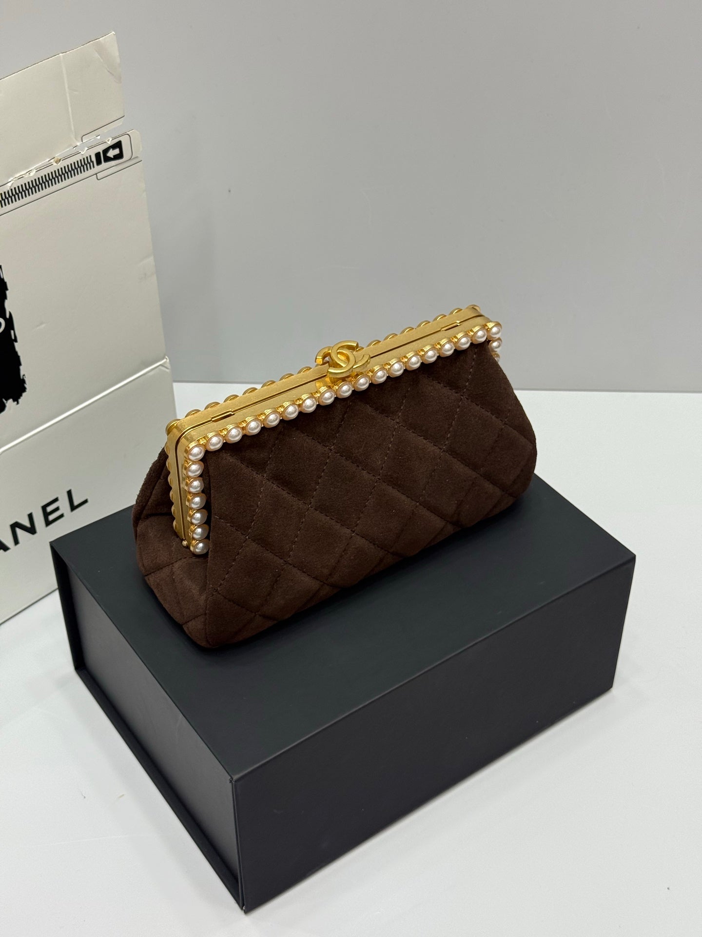 Chanel 2026 Pearl Clutch Brown Gold Velvet Leather