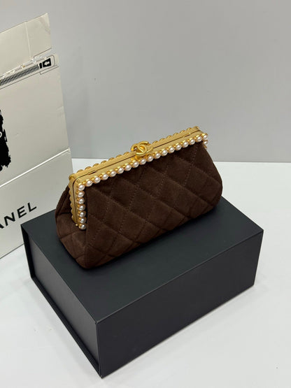 Chanel 2026 Pearl Clutch Brown Gold Velvet Leather
