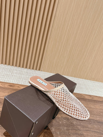 flat mule fishnet beige lambskin