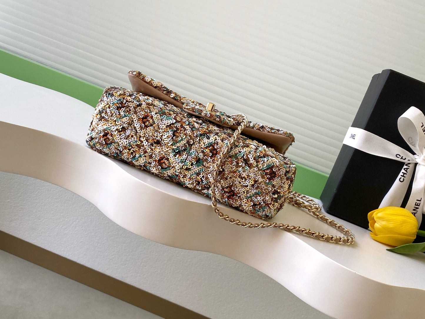 Chanel 2025 Flap Bag 21cm Beige mix Colors Sequin Leather 320284