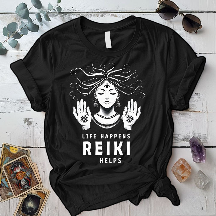 Life Happens Reiki Helps T Shirt Black Mockup