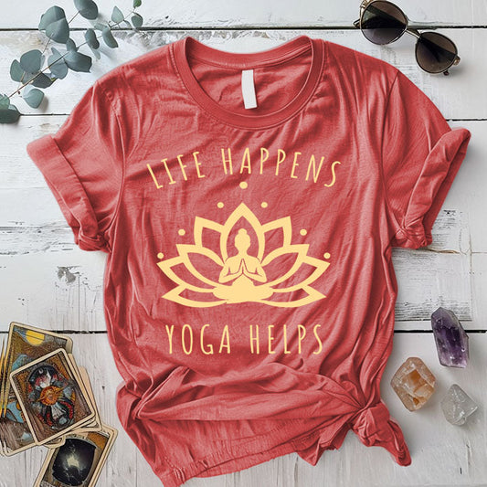 Life Happens Yoga Helps T Shirt Coral Silk Mockup